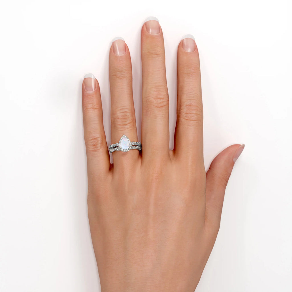 1.5 Carat Pear Cut Lab Created Opal and Moissanite Vintage Engagement Ring - Halo Pave Bridal Set in 18K White Gold Plating for Women