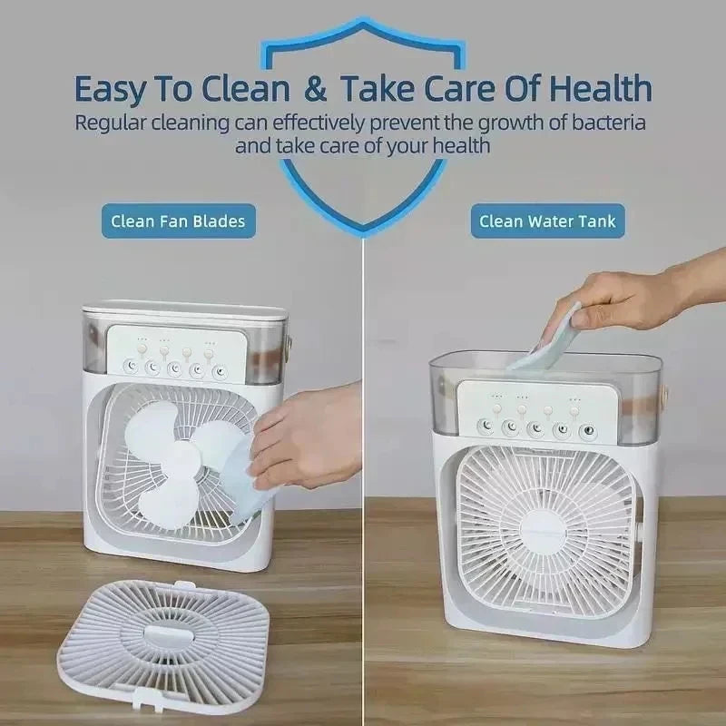 Transform Your Space with the New 3-in-1 Mini Air Cooler: Fan, Humidifier, and LED Night Light for Home and Office!